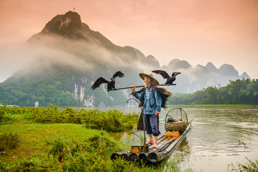pescador de cormoran en rio rodeado de montañas en China