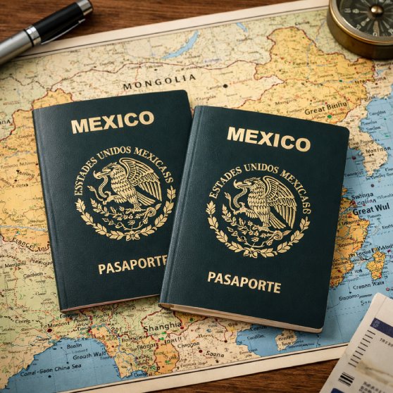 imagen de pasaportes mexicanos sobre mapa de China que estan en mesa